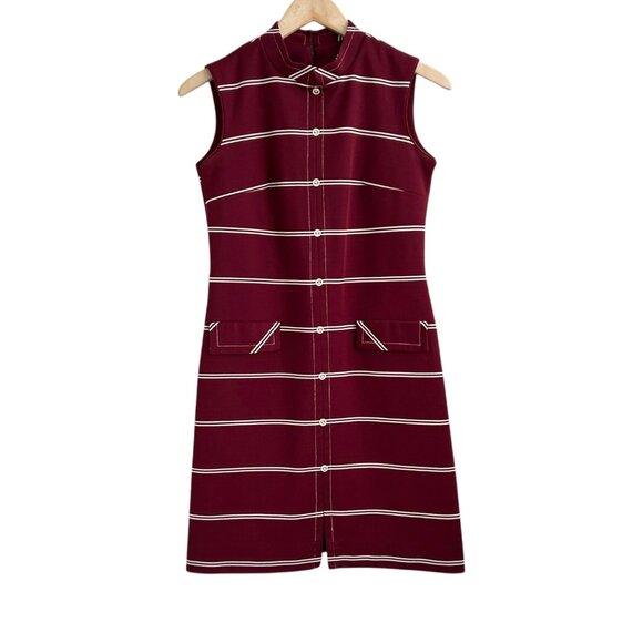 Verona Knits Vintage Sleeveless Burgundy & White Striped Mod Dress (S) - Picture 5 of 16
